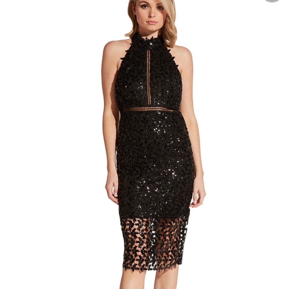 🆕🏷Bardot Sequin Leaf Halter Sheath Dress Size S Color Black
